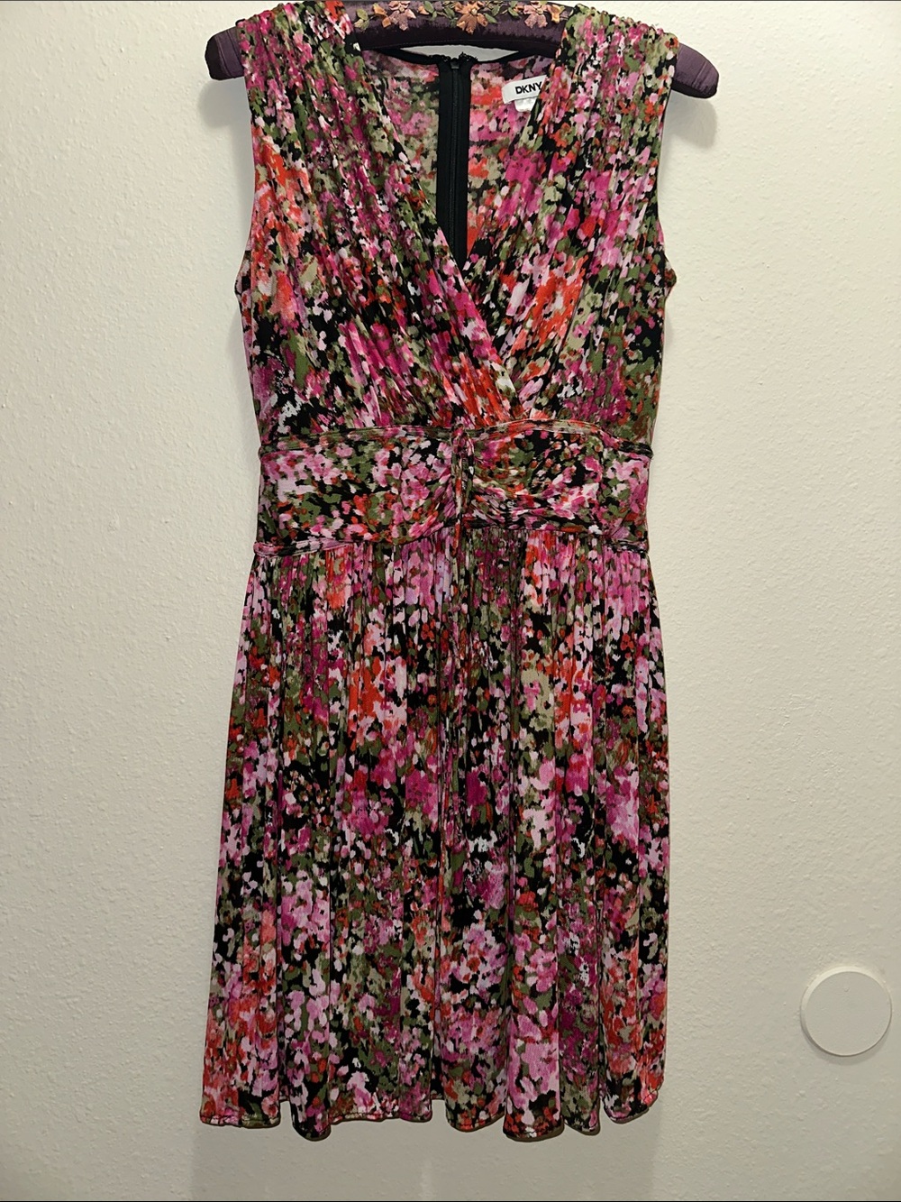 DKNY Pink Floral Midi Dress with Green and Black Accents